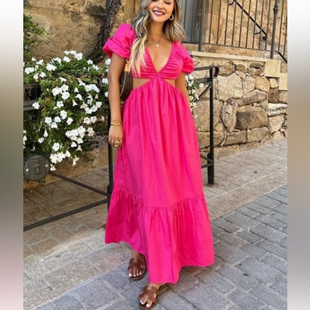 ZARA poplin cut out puff sleeve midi dress.